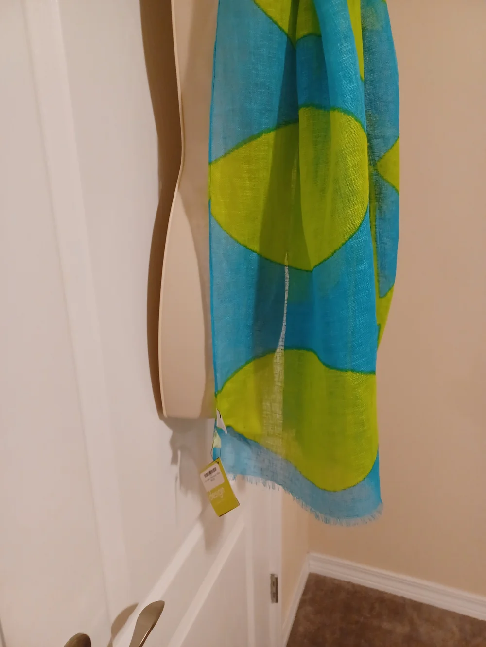 100% Linen Turquoise and Lime Leaf-Print Lightweight Scarf